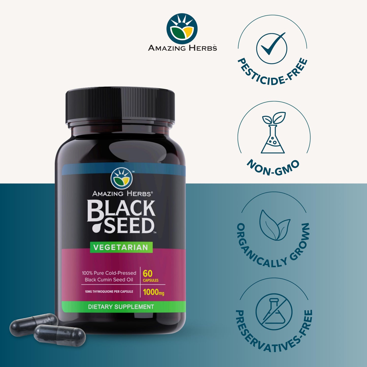 Amazing Herbs Black Seed Oil Capsules - 1000 mg, Cold-Pressed Nigella Sativa, 60 Vegetarian Capsules | Non-GMO