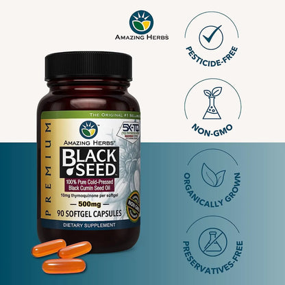Amazing Herbs Premium Black Seed Oil Capsules – 90 Count x 2, 500mg, Gluten Free & Non-GMO BritishVita | Premium UK Vitamins & Wellness Supplements