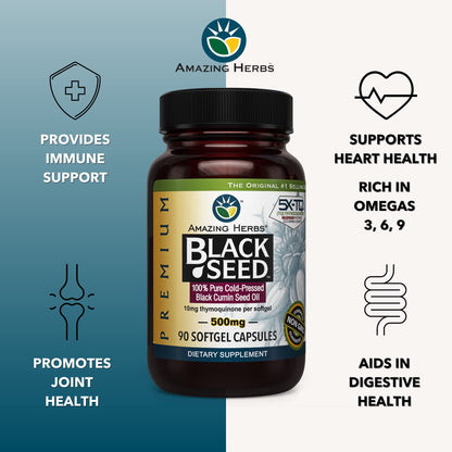 Amazing Herbs Premium Black Seed Oil Capsules - Cold Pressed Nigella Sativa Aids in Digestive Health, Immune Support, Brain Function, Gluten Free, Non GMO - 90 Count, 500mg