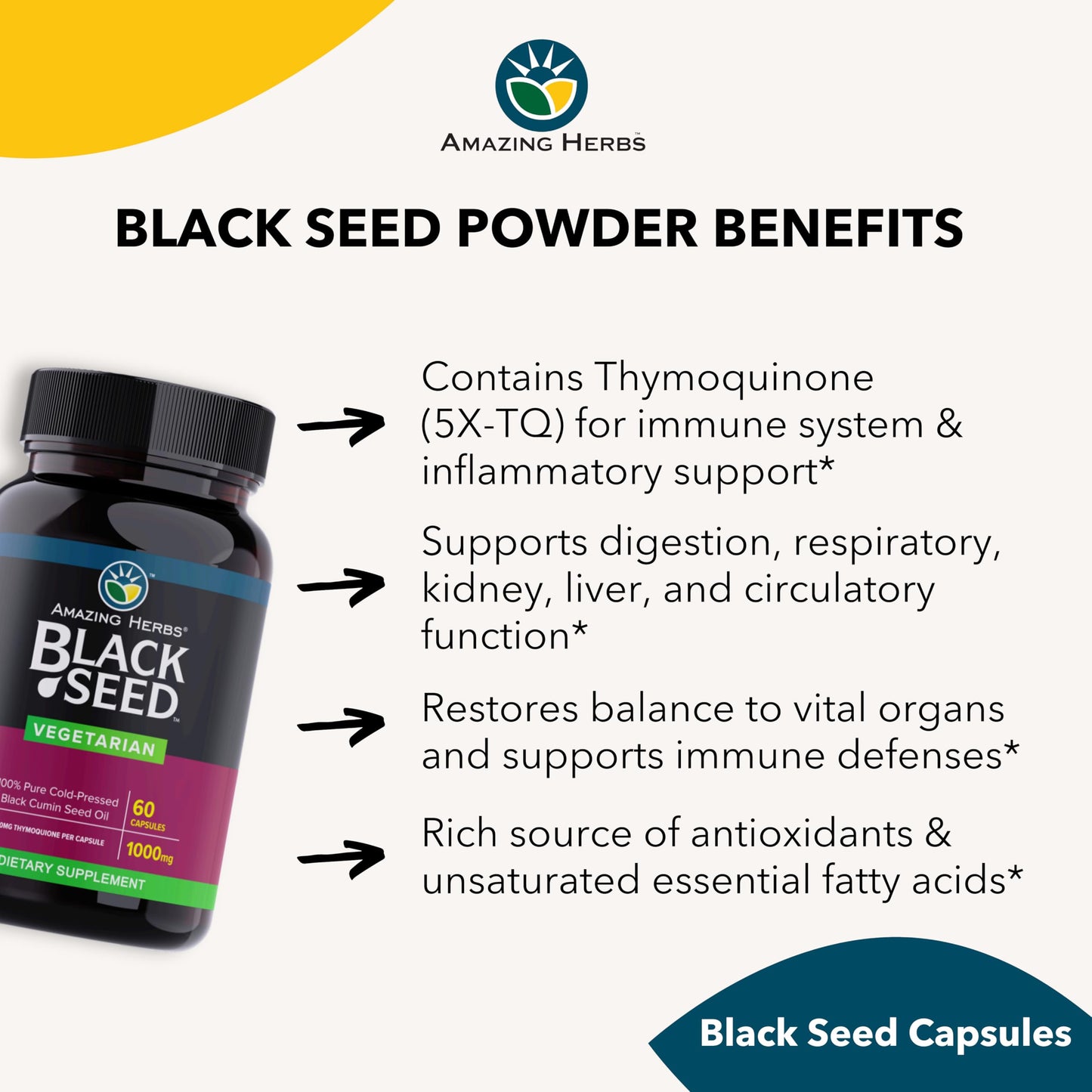 Amazing Herbs Black Seed Oil Capsules - 1000 mg, Cold-Pressed Nigella Sativa, 60 Vegetarian Capsules | Non-GMO