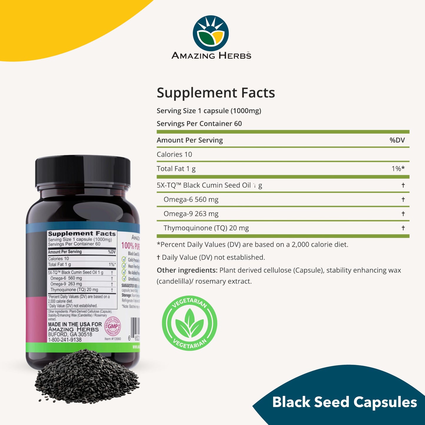 Amazing Herbs Black Seed Oil Capsules - 1000 mg, Cold-Pressed Nigella Sativa, 60 Vegetarian Capsules | Non-GMO