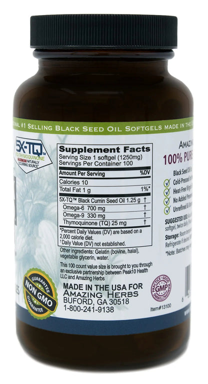 Amazing Herbs Black Seed Oil Pills 1250mg | 100 Softgel Capsules | Cold-Pressed, Non-GMO BritishVita | Premium UK Vitamins & Wellness Supplements