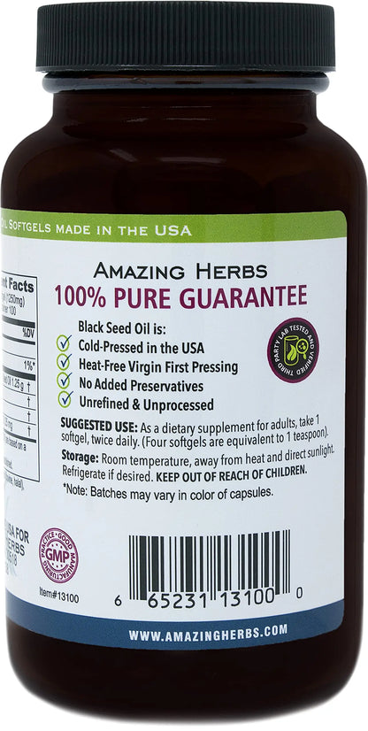 Amazing Herbs Black Seed Oil Pills 1250mg | 100 Softgel Capsules | Cold-Pressed, Non-GMO BritishVita | Premium UK Vitamins & Wellness Supplements