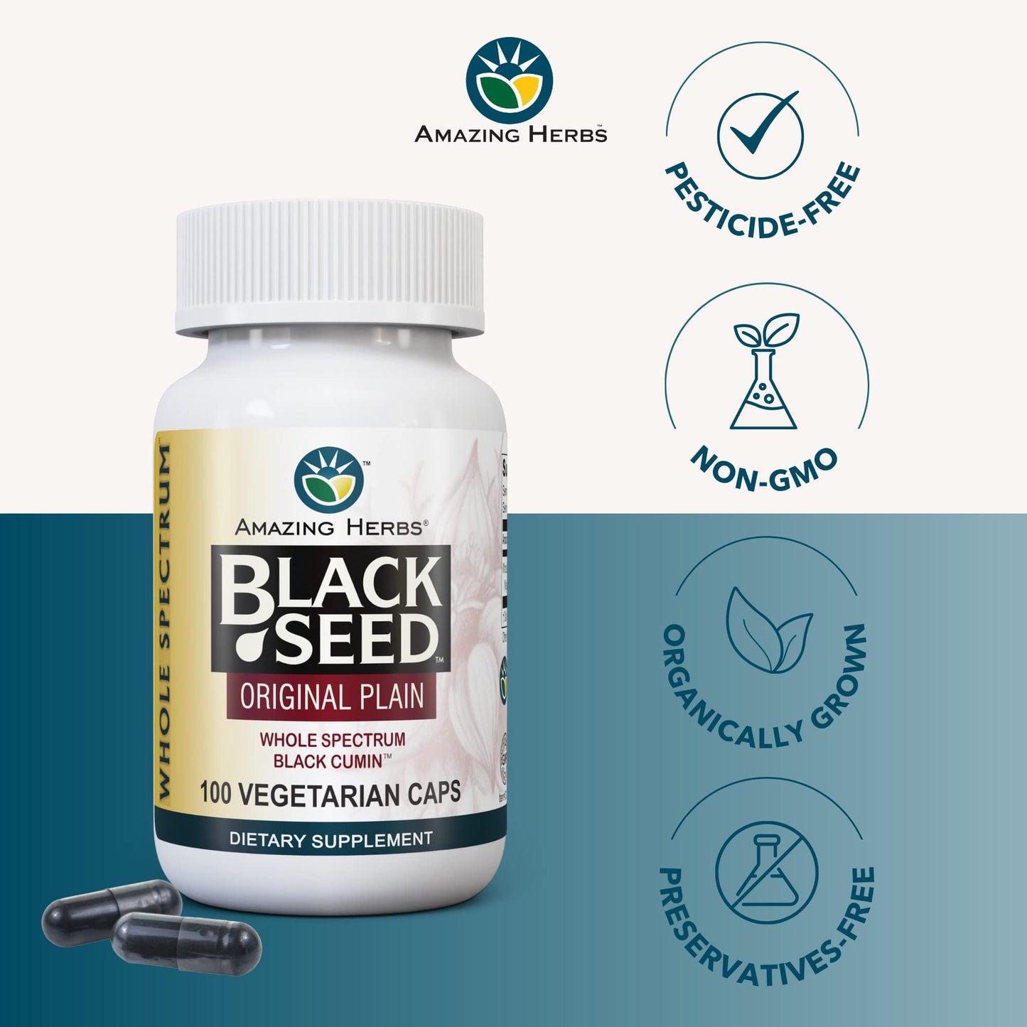Amazing Herbs Whole Spectrum Black Seed Original Plain - 100 Count, 475mg | Vegan