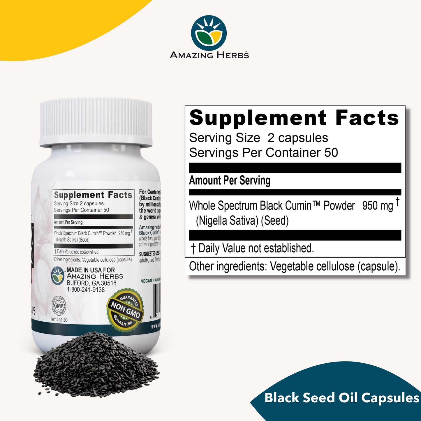 Amazing Herbs Whole Spectrum Black Seed Original Plain - 100 Count, 475mg | Vegan