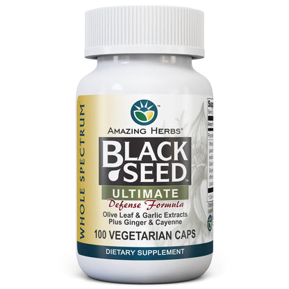 Amazing Herbs Whole Spectrum Black Seed Ultimate – Vegetarian Capsules (Olive Leaf, Garlic, Ginger, Cayenne) – Gluten Free & Vegan – 100 Count
