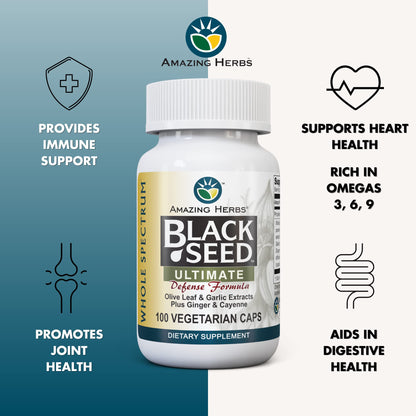 Amazing Herbs Whole Spectrum Black Seed Ultimate – Vegetarian Capsules (Olive Leaf, Garlic, Ginger, Cayenne) – Gluten Free & Vegan – 100 Count