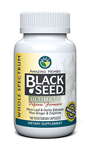 Amazing Herbs Whole Spectrum Black Seed Ultimate – Vegetarian Capsules (Olive Leaf, Garlic, Ginger, Cayenne) – Gluten Free & Vegan – 100 Count