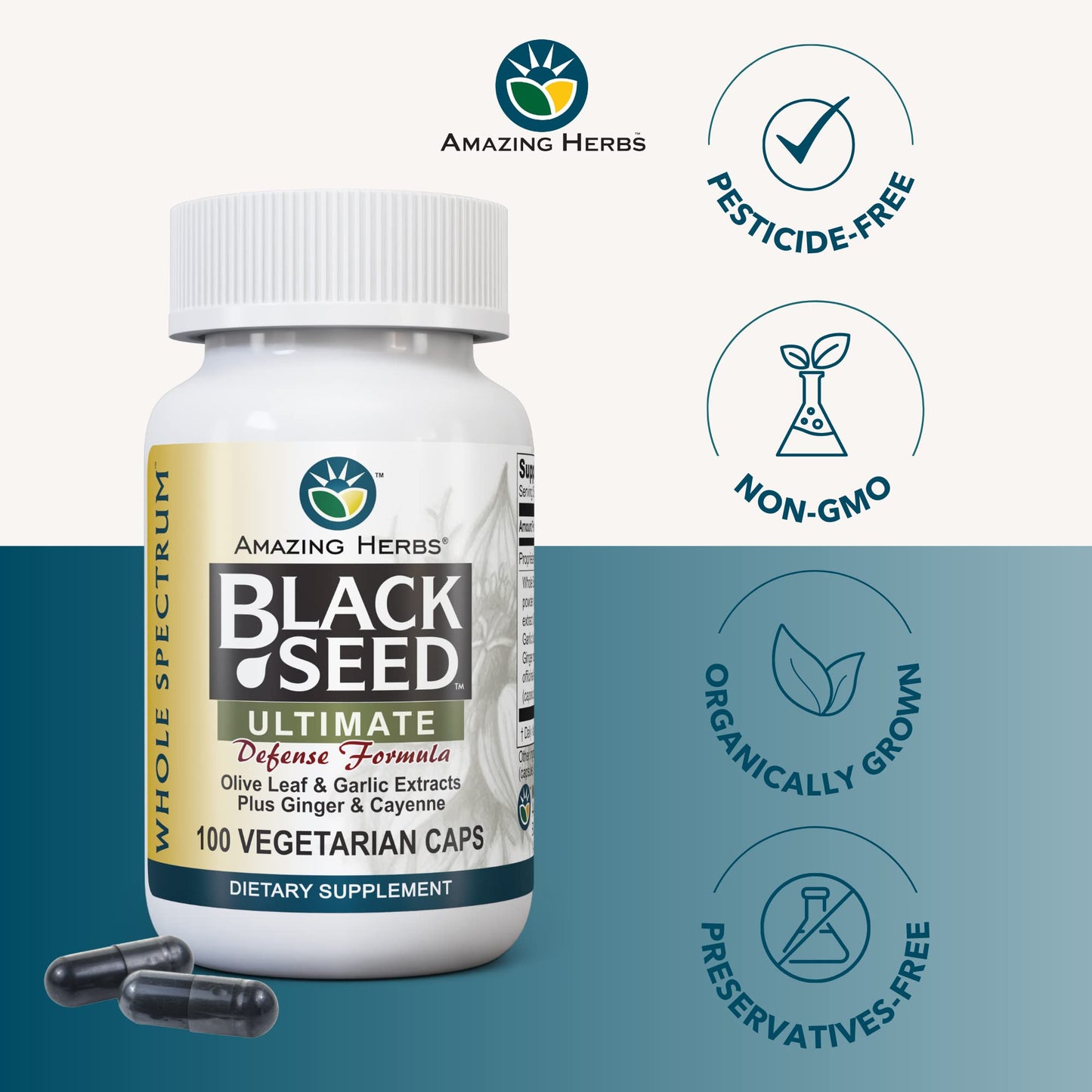 Amazing Herbs Whole Spectrum Black Seed Ultimate – Vegetarian Capsules (Olive Leaf, Garlic, Ginger, Cayenne) – Gluten Free & Vegan – 100 Count