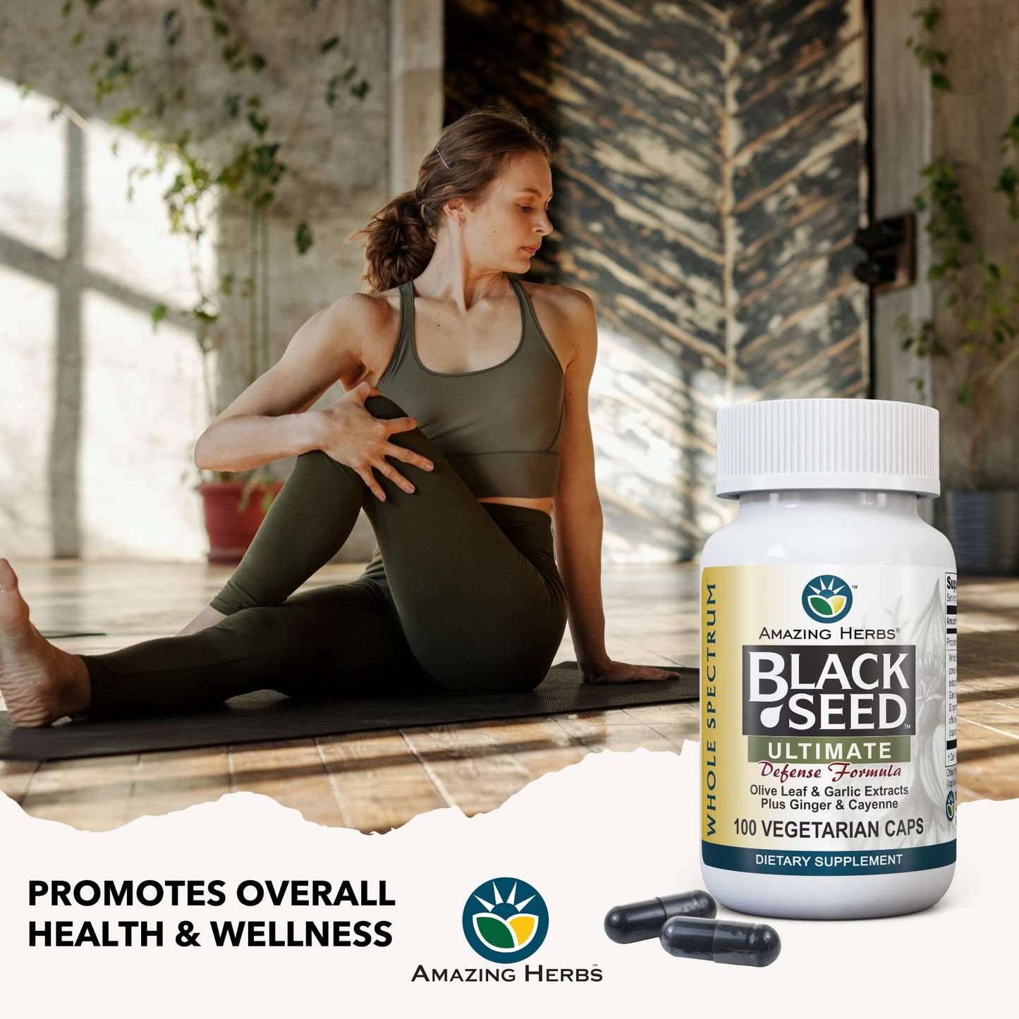 Amazing Herbs Whole Spectrum Black Seed Ultimate – Vegetarian Capsules (Olive Leaf, Garlic, Ginger, Cayenne) – Gluten Free & Vegan – 100 Count