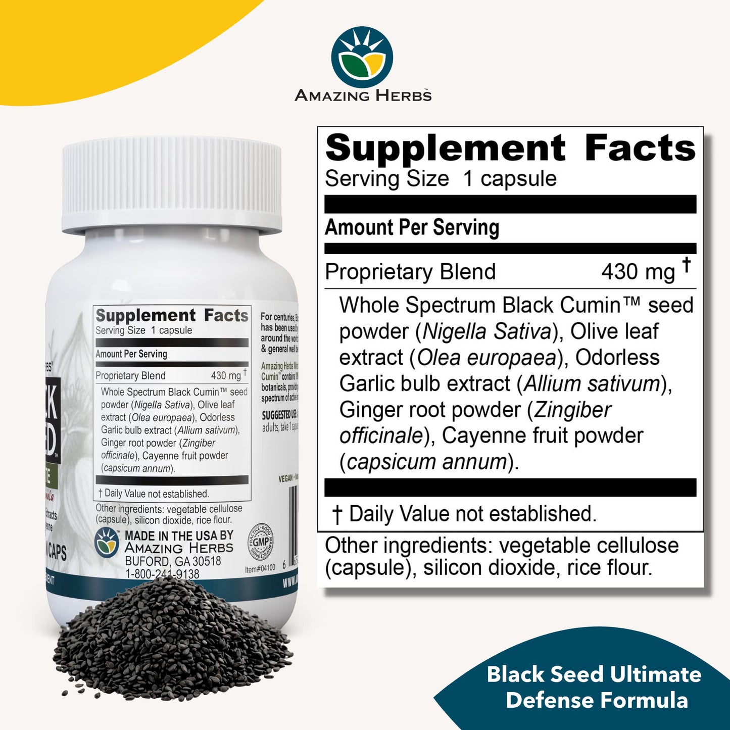 Amazing Herbs Black Seed Ultimate - Vegan Capsules with Olive Leaf & Cayenne | 100 Count
