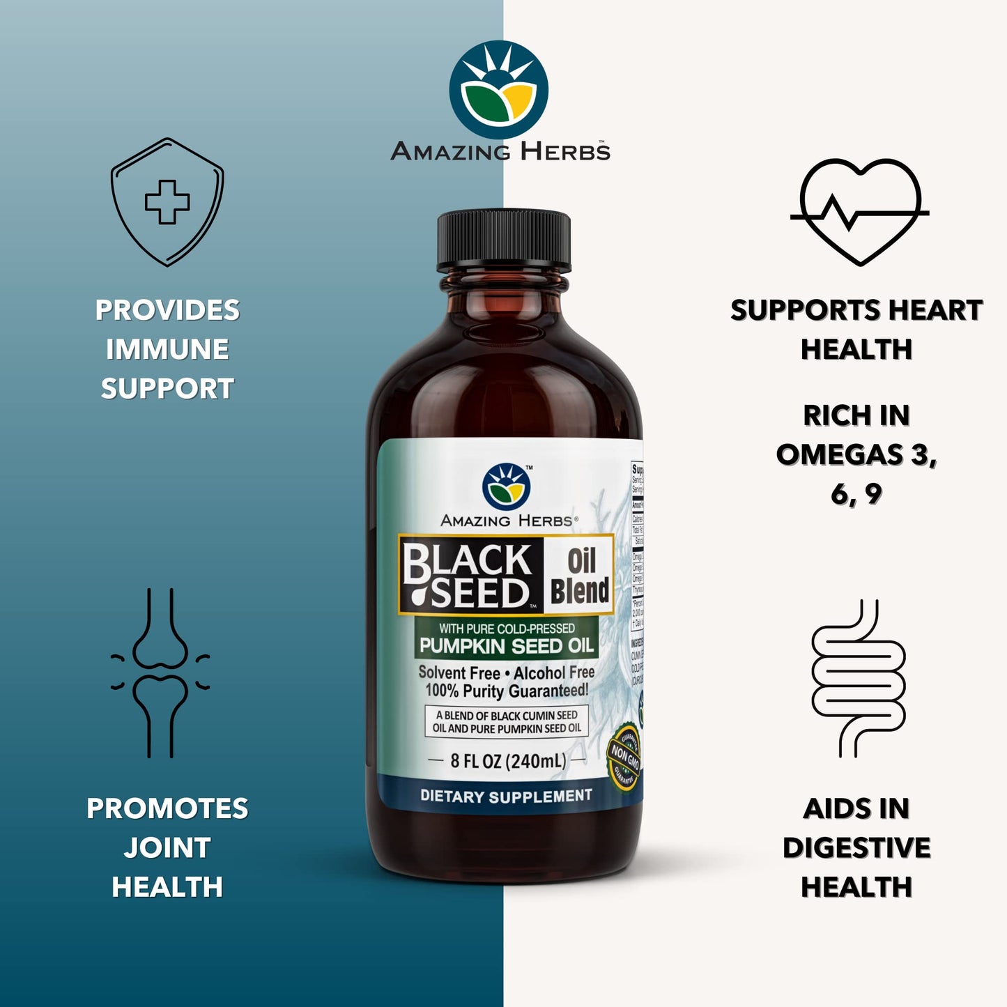 Amazing Herbs Black Seed & Pumpkin Seed Oil Blend – Cold-Pressed, Gluten-Free & No Preservatives | Omega 3-6-9 (8 fl oz)