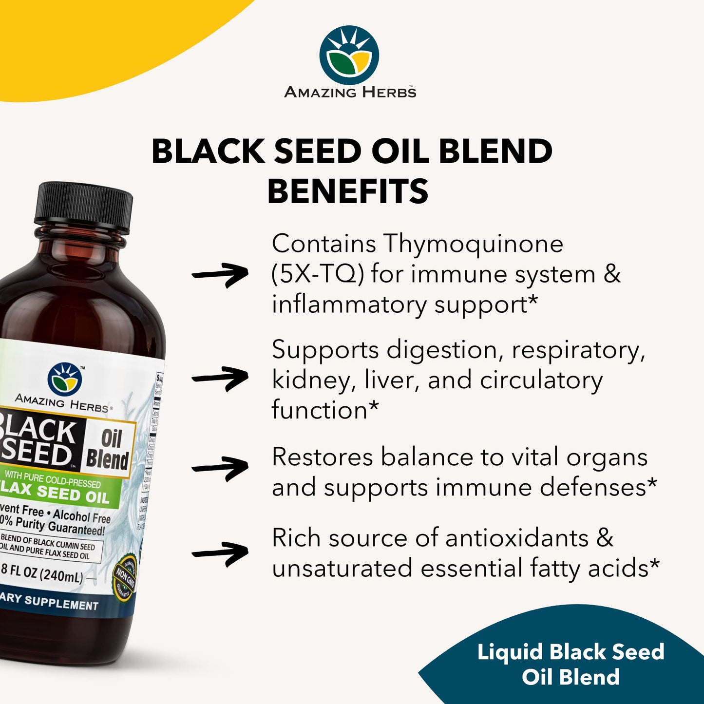 Amazing Herbs Cold-Pressed Black Seed & Flax Seed Oil Blend - Gluten-Free, Non-GMO, High in Omega 3-6-9 - Supports Joint, Brain, and Heart Function - 8 oz