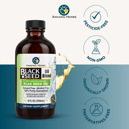 Amazing Herbs Cold-Pressed Black Seed & Flax Seed Oil Blend - Gluten-Free, Non-GMO, High in Omega 3-6-9 - Supports Joint, Brain, and Heart Function - 8 oz