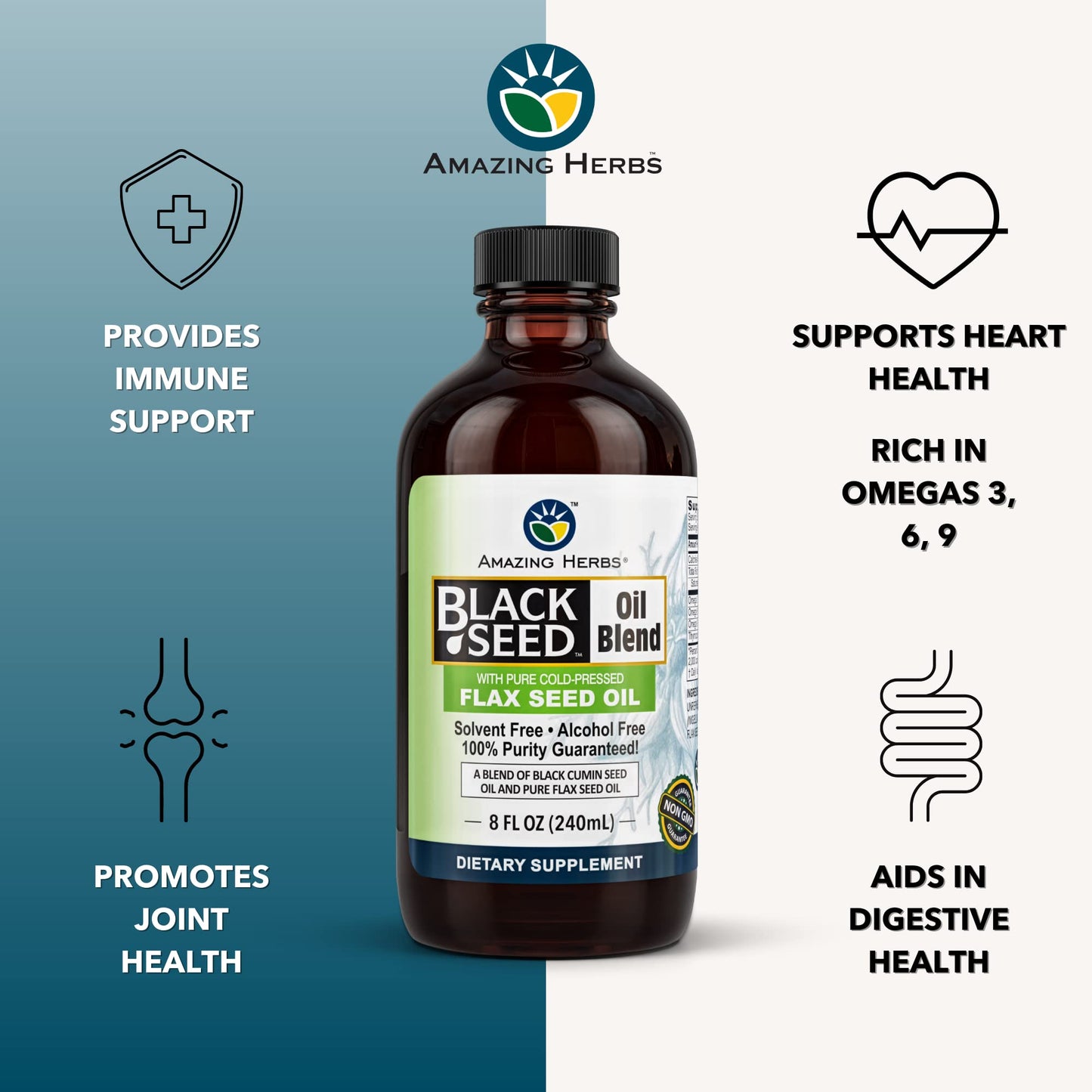 Amazing Herbs Cold-Pressed Black Seed & Flax Seed Oil Blend - Gluten-Free, Non-GMO, High in Omega 3-6-9 - Supports Joint, Brain, and Heart Function - 8 oz
