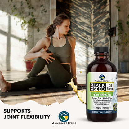 Amazing Herbs Cold-Pressed Black Seed & Flax Seed Oil Blend - Gluten-Free, Non-GMO, High in Omega 3-6-9 - Supports Joint, Brain, and Heart Function - 8 oz