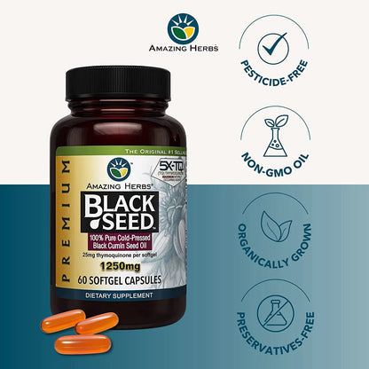 Amazing Herbs Premium Black Seed Oil Capsules - 1250mg, Cold-Pressed Nigella Sativa, 60 Count (Pack of 2) BritishVita | Premium UK Vitamins & Wellness Supplements