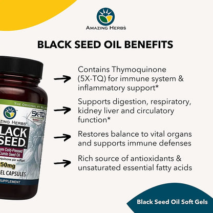 Amazing Herbs Premium Black Seed Oil Capsules - 1250mg, Cold-Pressed Nigella Sativa, 60 Count (Pack of 2) BritishVita | Premium UK Vitamins & Wellness Supplements