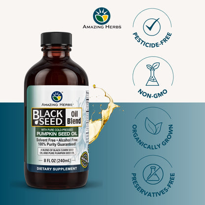 Amazing Herbs Black Seed & Pumpkin Seed Oil Blend – Cold-Pressed, Gluten-Free & No Preservatives | Omega 3-6-9 (8 fl oz)