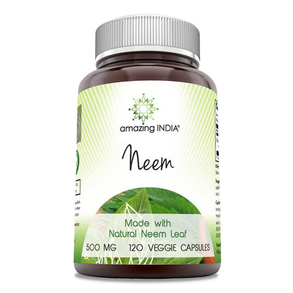 Amazing India Neem 500mg Supplement - 120 Veggie Capsules | Non-GMO, Gluten-Free, Made in USA