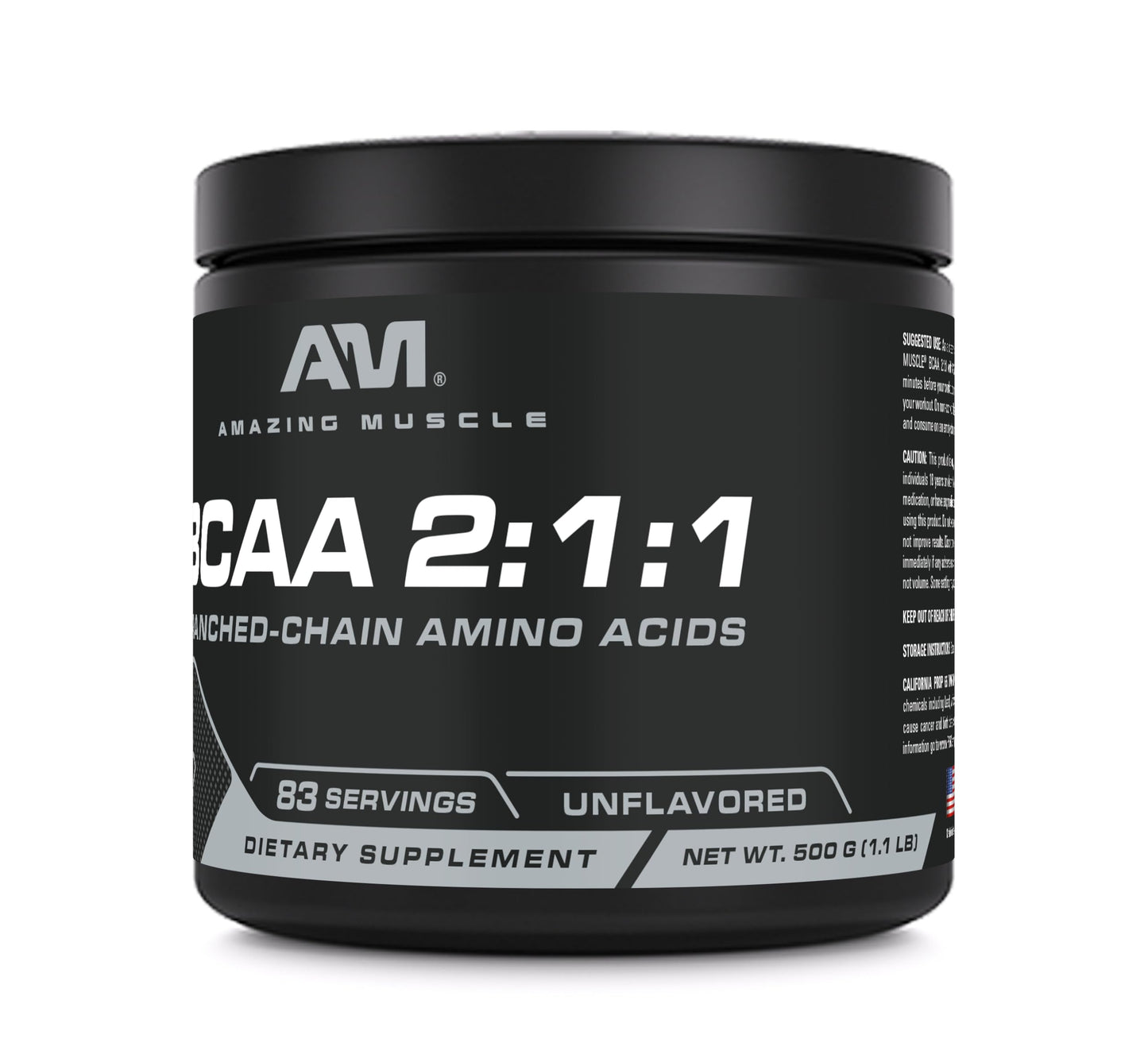 Amazing Muscle BCAA Amino Supplement | 2:1:1 BCAA Ratio | Unflavored | 500g | Non-GMO | Gluten-Free | Made in USA