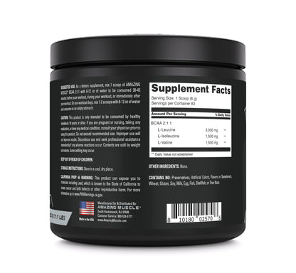 Amazing Muscle BCAA Amino Supplement | 2:1:1 BCAA Ratio | Unflavored | 500g | Non-GMO | Gluten-Free | Made in USA