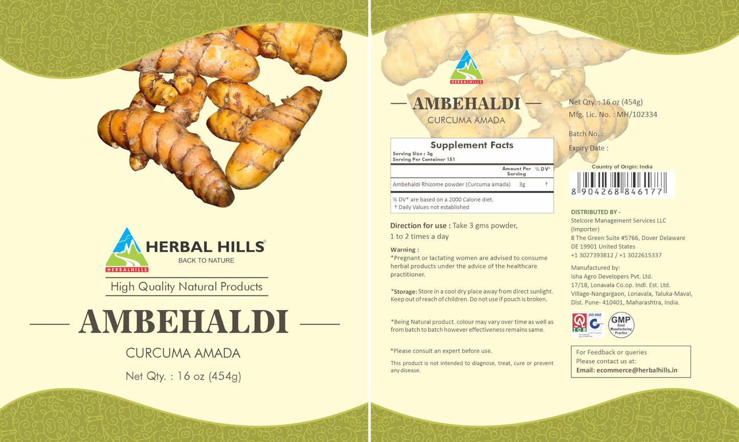 HERBAL HILLS Ambehaldi Powder Turmeric Powder 16 Oz (454 g) | Ambe Haldi, Curcuma Amada, Curcuma Longa, Turmeric Curcumin