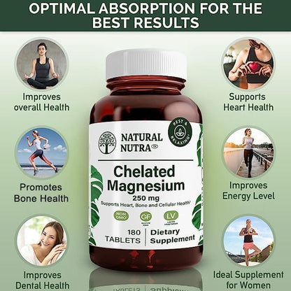 Natural Nutra Chelated Magnesium Oxide 250 mg – 180 Tablets (2 Pack) in BPA-Free Recyclable Glass Bottles