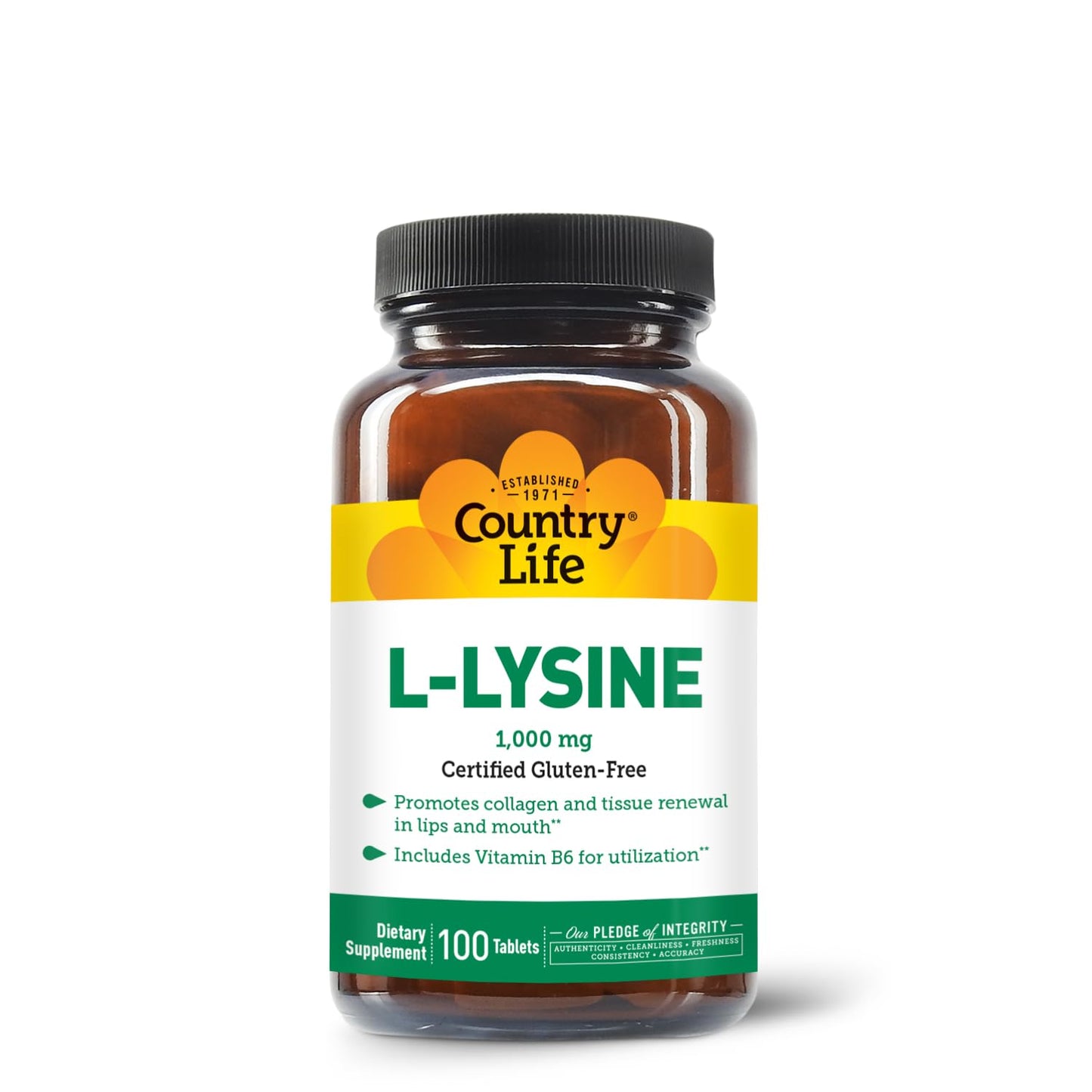 Country Life L-Lysine 1000mg with B-6 – Immune Support, Collagen Renewal, Vegan & Gluten Free (100 Count)
