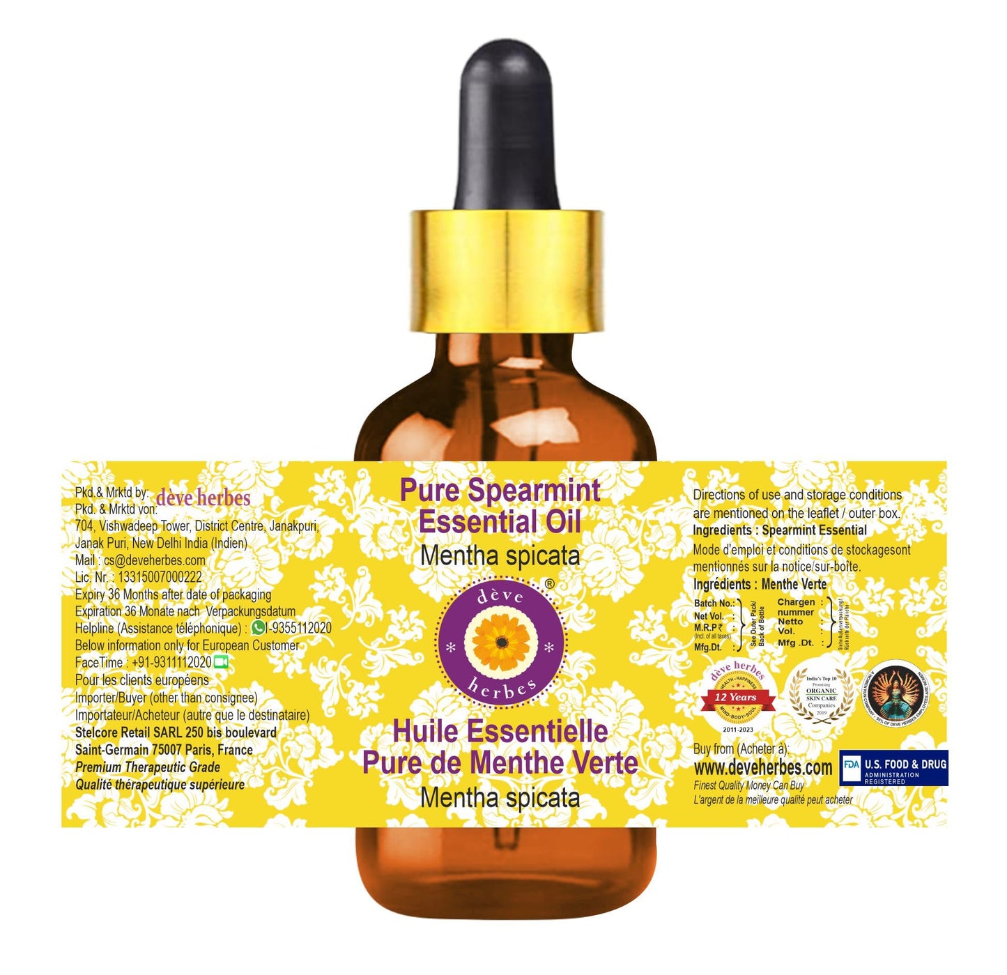 Deve Herbes Pure Spearmint Essential Oil – Steam-Distilled 5ml (Mentha spicata) with Glass Dropper