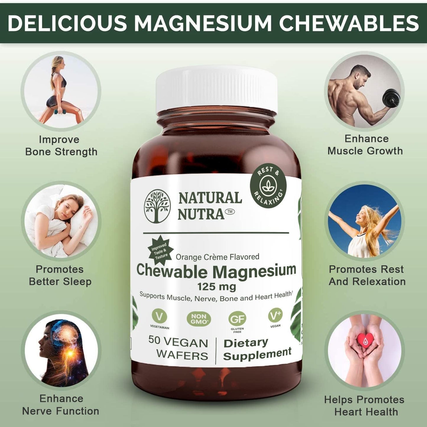Natural Nutra Magnesium Chewable 125mg – 50 Vegan Wafers for Sleep, Muscle, Nerve, Bone & Heart Health