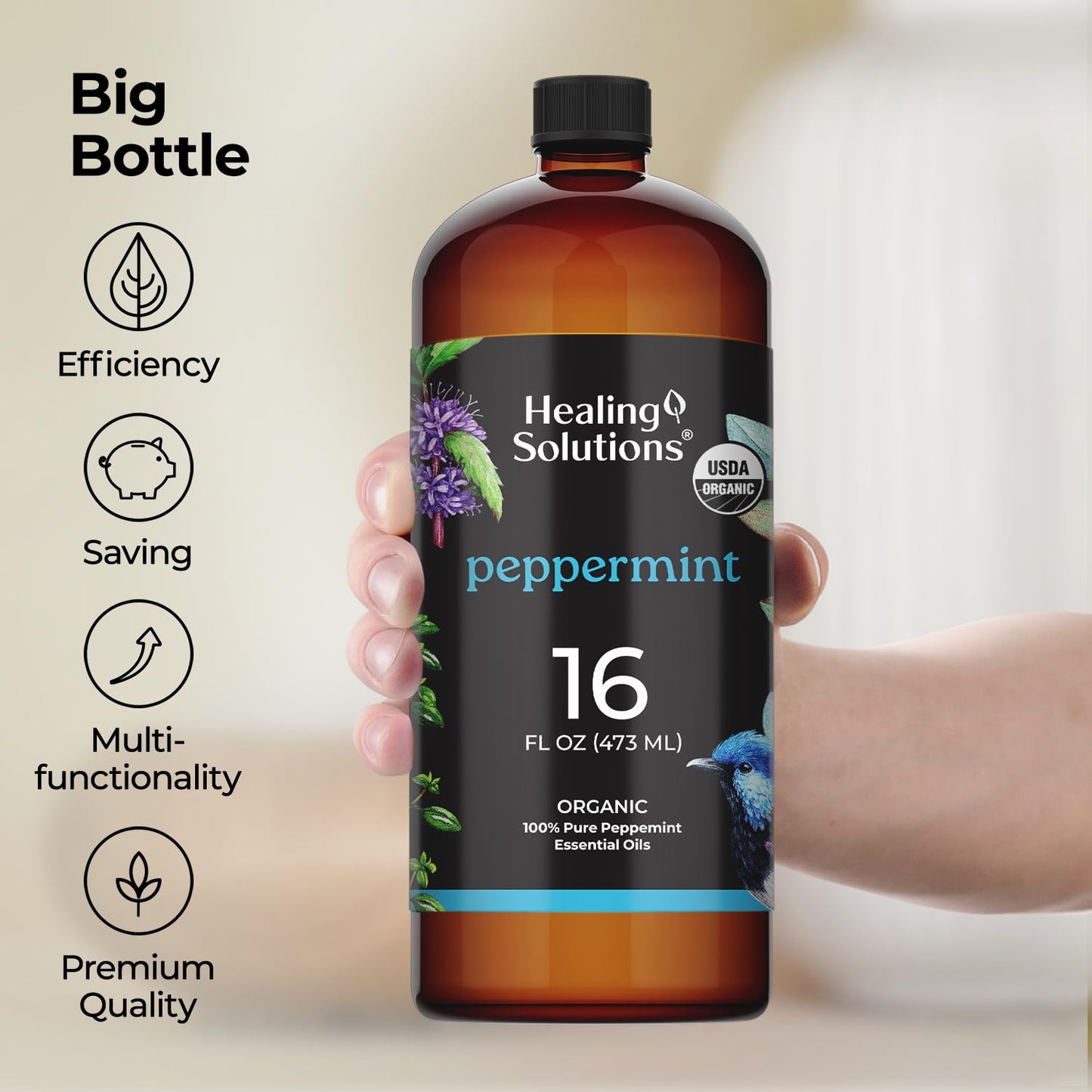 Healing Solutions Organic Peppermint Essential Oil 16oz – Bulk Mint Oil