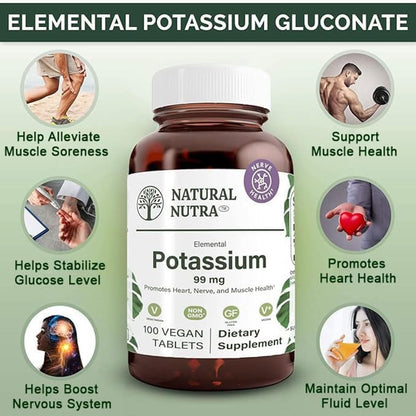 Natural Nutra Elemental Potassium Gluconate 99 mg – Dietary Supplement, 100 Vegan Tablets