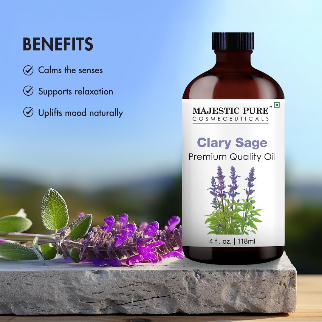 Majestic Pure Clary Sage Essential Oil – 4 oz Glass Bottle with Dropper, 100% Pure & Natural