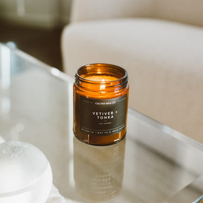 Calyan Wax Co. Vetiver & Tonka Candle - 57 Hour Burn, Non-Toxic Soy, Amber Glass Jar 7.2oz