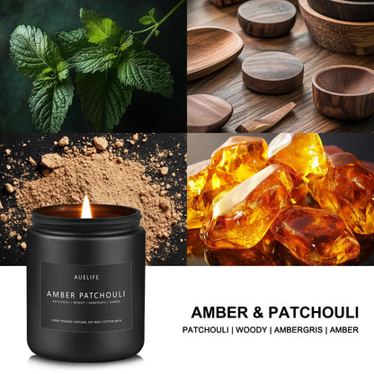 Amber & Patchouli Candle – Soy Wax, Home Scent, Gift for Men (7oz Black Jar)