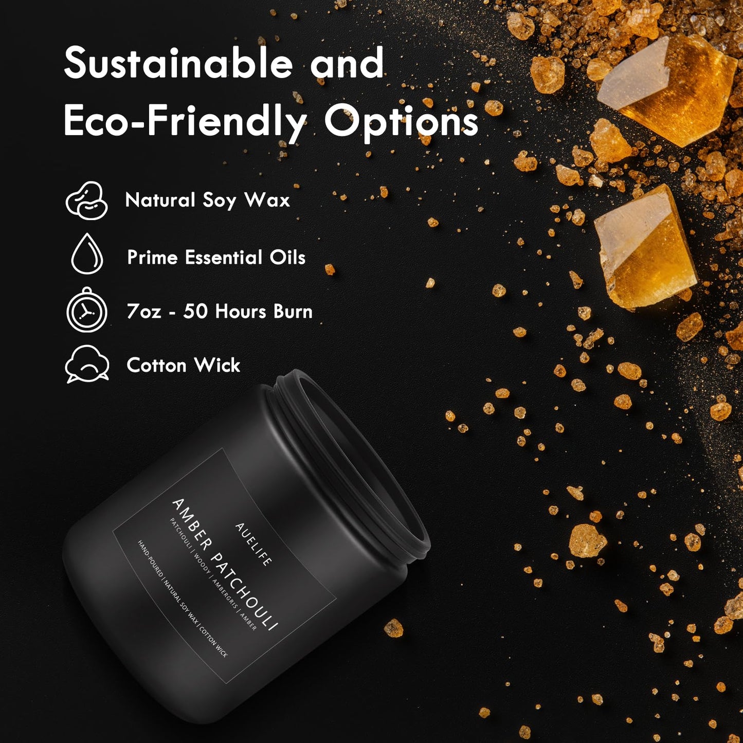 Amber & Patchouli Candle – Soy Wax, Home Scent, Gift for Men (7oz Black Jar)