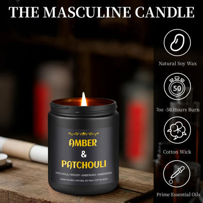 Amber Patchouli Candle - 9 oz Soy Men's Candle, Gift for Him