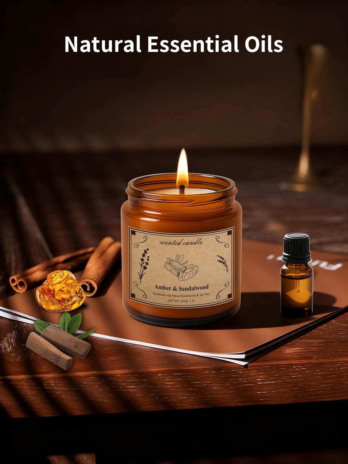 Scented Candles 16oz Large Jar Soy Wax Candle – Amber & Sandalwood | Aromatherapy & Gift
