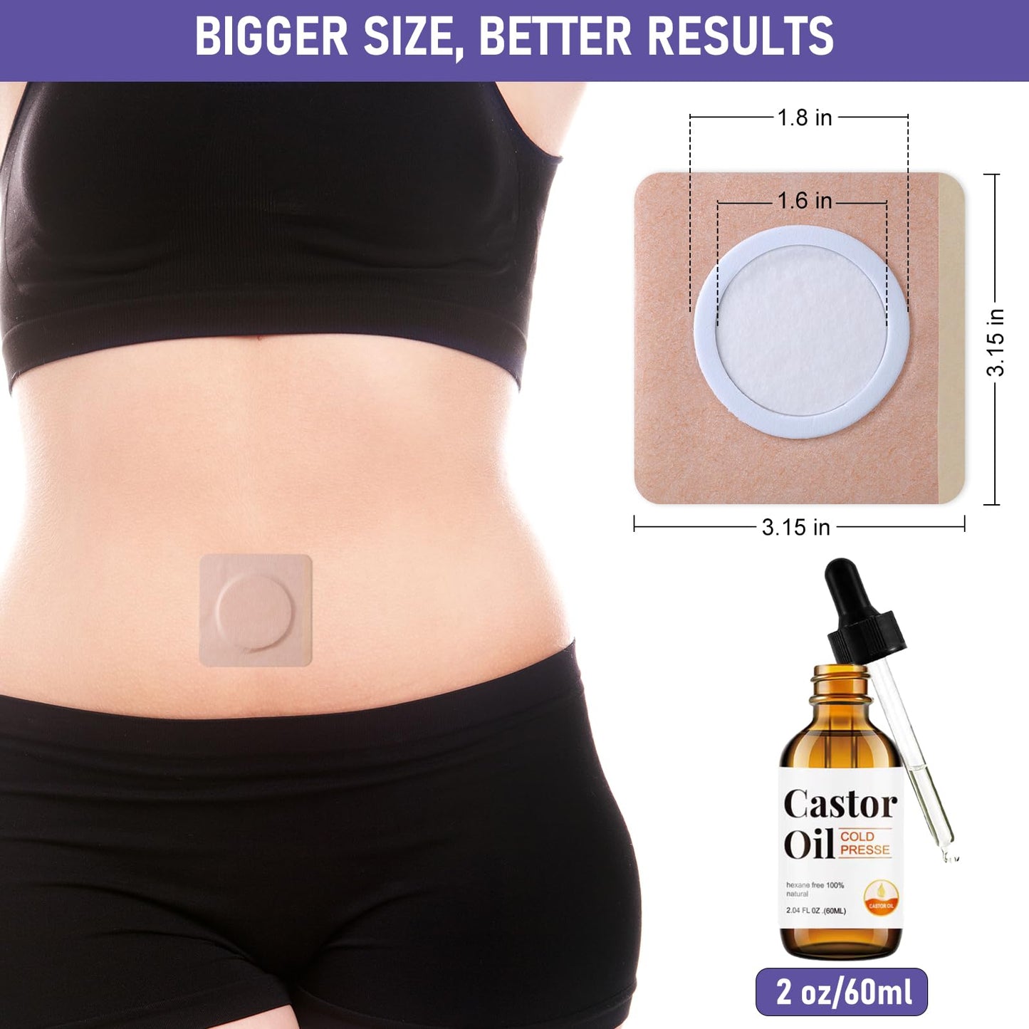 30Pcs Disposable Castor Oil Belly Button Patches – Self-Adhesive, Organic Cold-Pressed Oil in Amber Glass 2.04oz