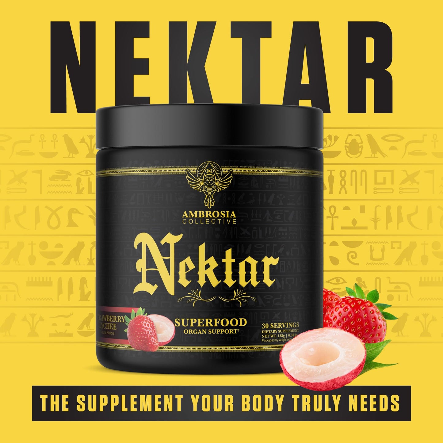 Ambrosia Nektar Superfood Powder - Daily Organ Support | 30 Servings | Strawberry Lychee