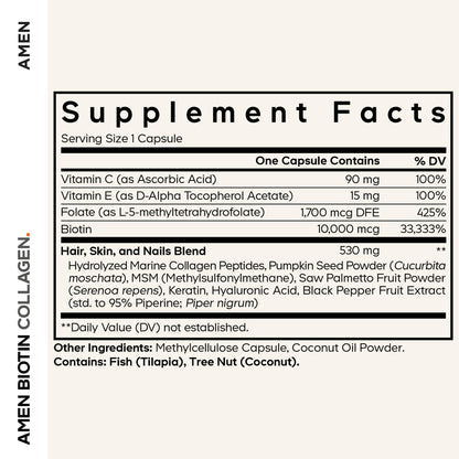 Amen Biotin Collagen Vitamins+ 10,000 mcg Biotin Supplement – 3-Month Supply | Hydrolyzed Collagen, Vitamins C & E