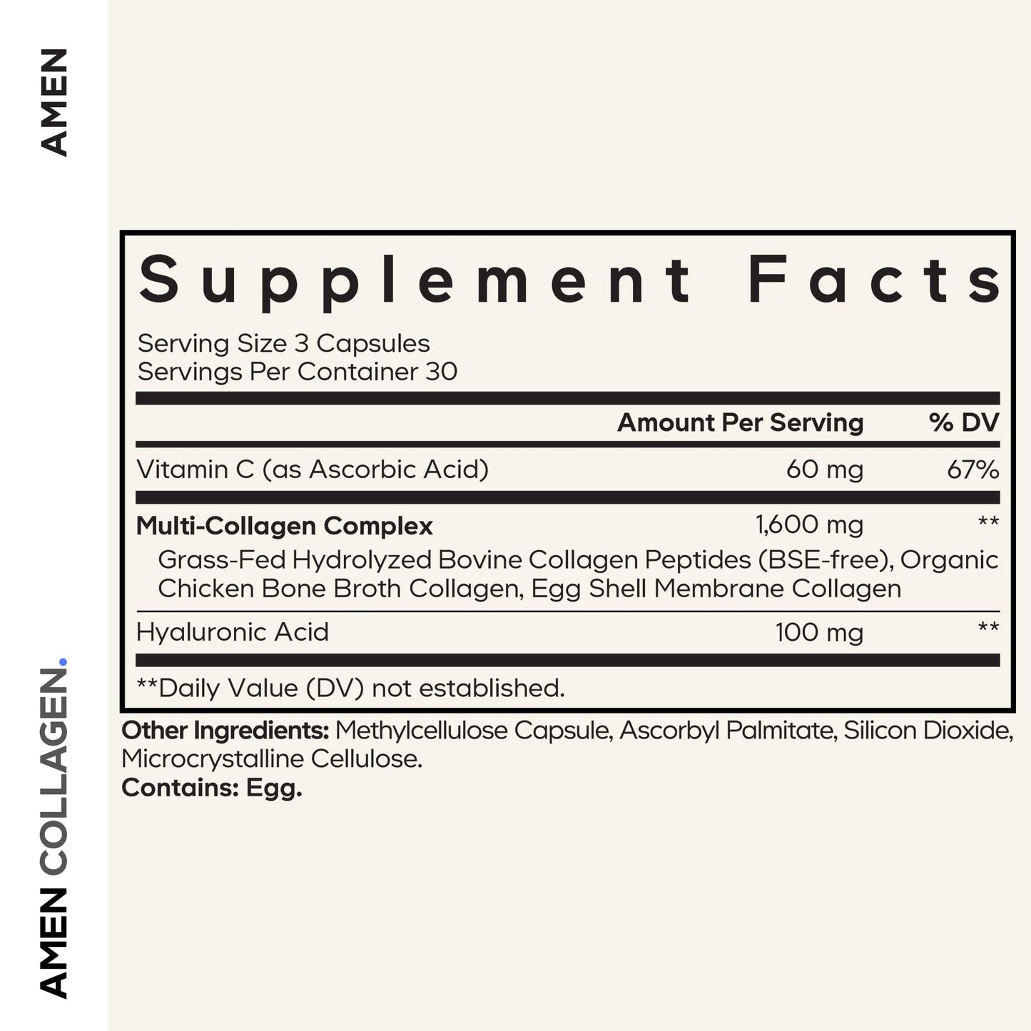 Amen Multi Collagen Peptides Capsules | 5 Types I-II-III-V-X + Hyaluronic Acid & Vitamin C | Grass-Fed, 90 Capsules