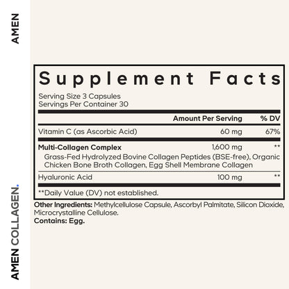 Amen Multi Collagen Peptides Capsules | 5 Types I-II-III-V-X + Hyaluronic Acid & Vitamin C | Grass-Fed, 90 Capsules