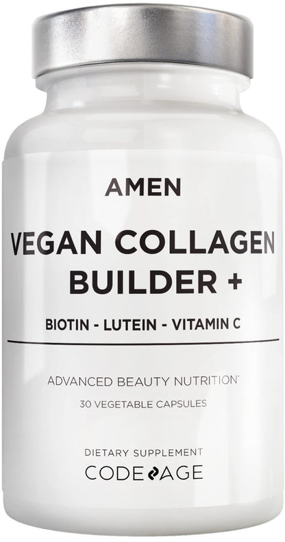 Amen Plant-Based Vegan Collagen Builder – Organic Whole Foods, Vitamin C, Biotin, Lutein | 30 Capsules