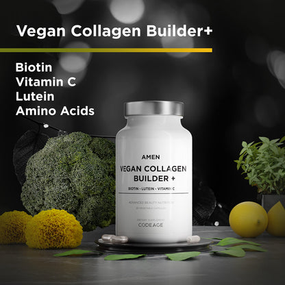 Amen Plant-Based Vegan Collagen Builder – Organic Whole Foods, Vitamin C, Biotin, Lutein | 30 Capsules