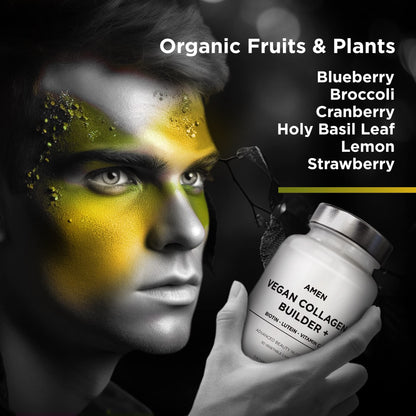 Amen Plant-Based Vegan Collagen Builder – Organic Whole Foods, Vitamin C, Biotin, Lutein | 30 Capsules