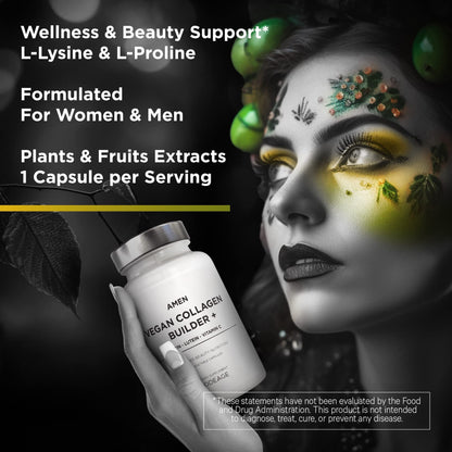 Amen Plant-Based Vegan Collagen Builder – Organic Whole Foods, Vitamin C, Biotin, Lutein | 30 Capsules