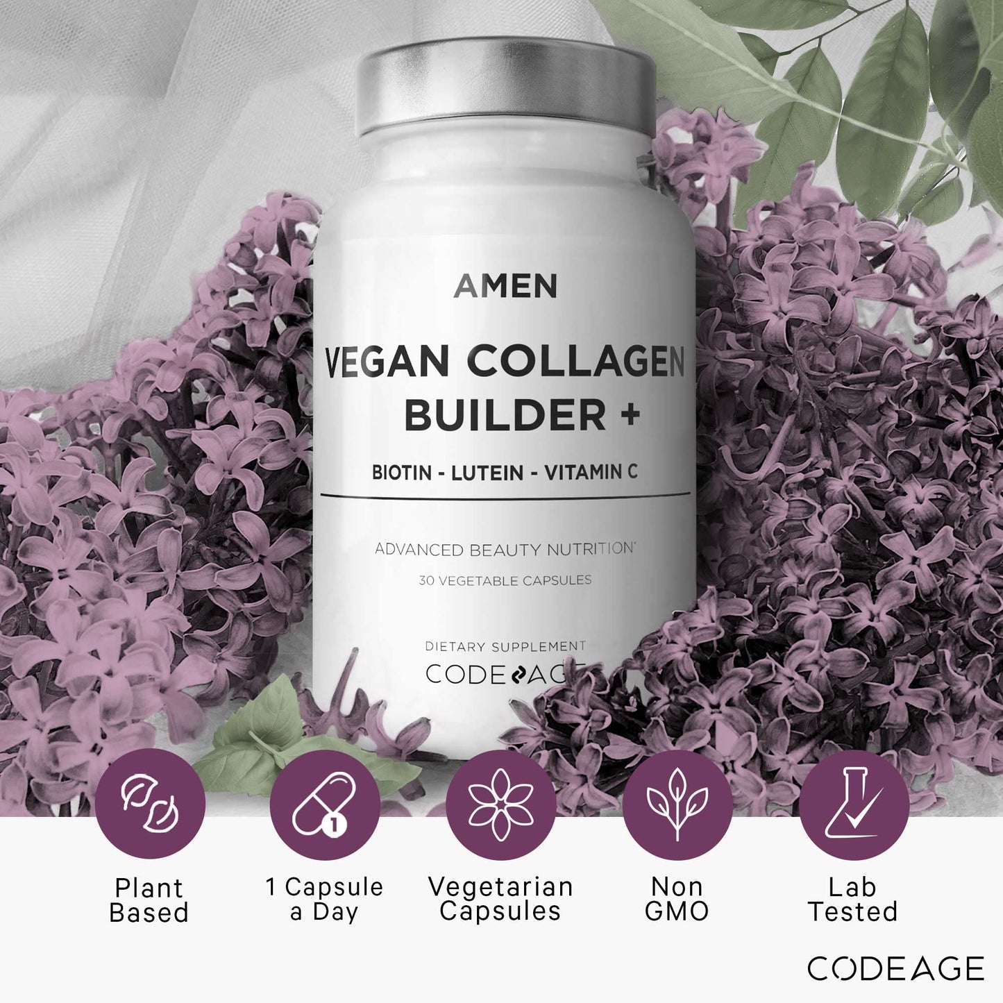 Amen Plant-Based Vegan Collagen Builder – Organic Whole Foods, Vitamin C, Biotin, Lutein | 30 Capsules