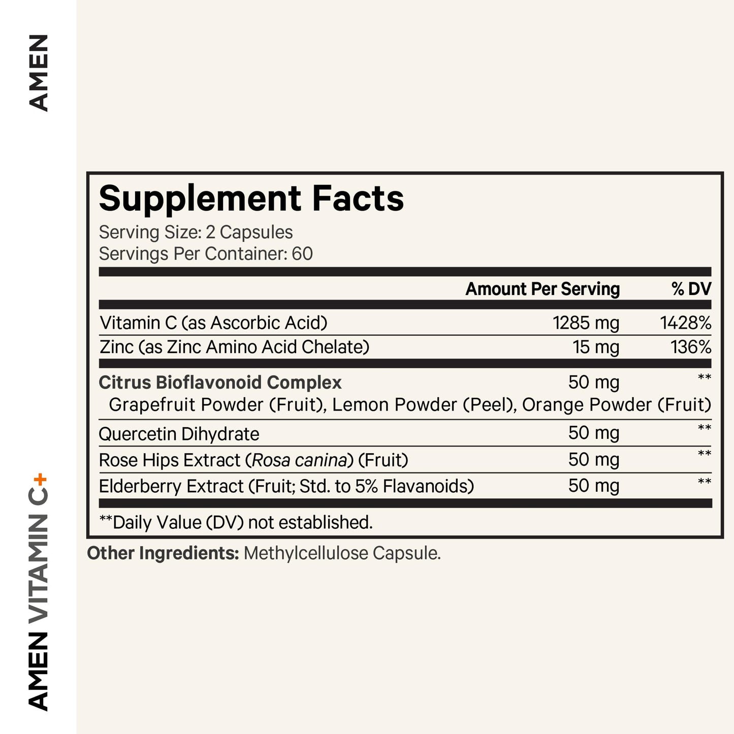 Amen Vitamin C+ with Zinc, Bioflavonoids, Quercetin, Rose Hips & Elderberry – Vegan, Non-GMO – 2 Months Supply (120 Capsules)